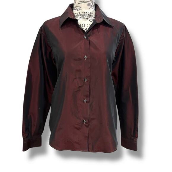 Vintage Michael Kors Size L Burgundy Metallic Button Shirt Blouse Made In Italy - Picture 1 of 4